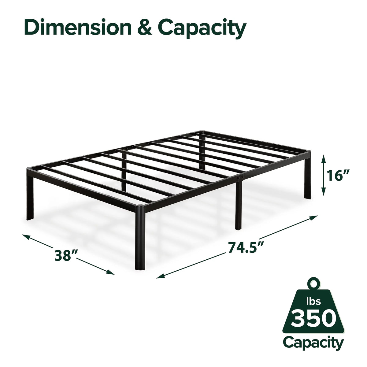 16" Metal Platform Bed Frame with Steel Slats, Twin P513