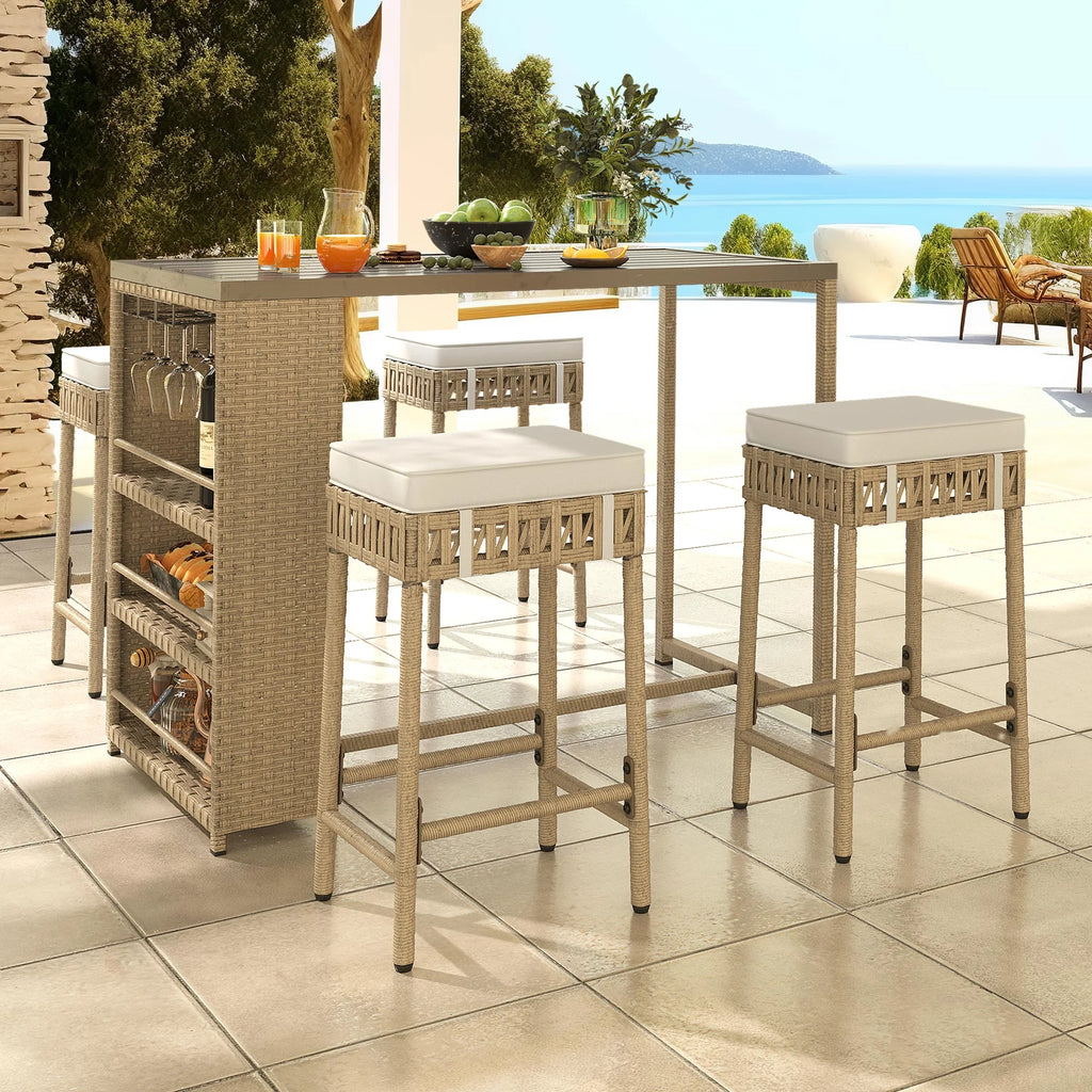 Beige 5 Piece Rattan Wicker Bar Set with 4 Bar Stools Z8768