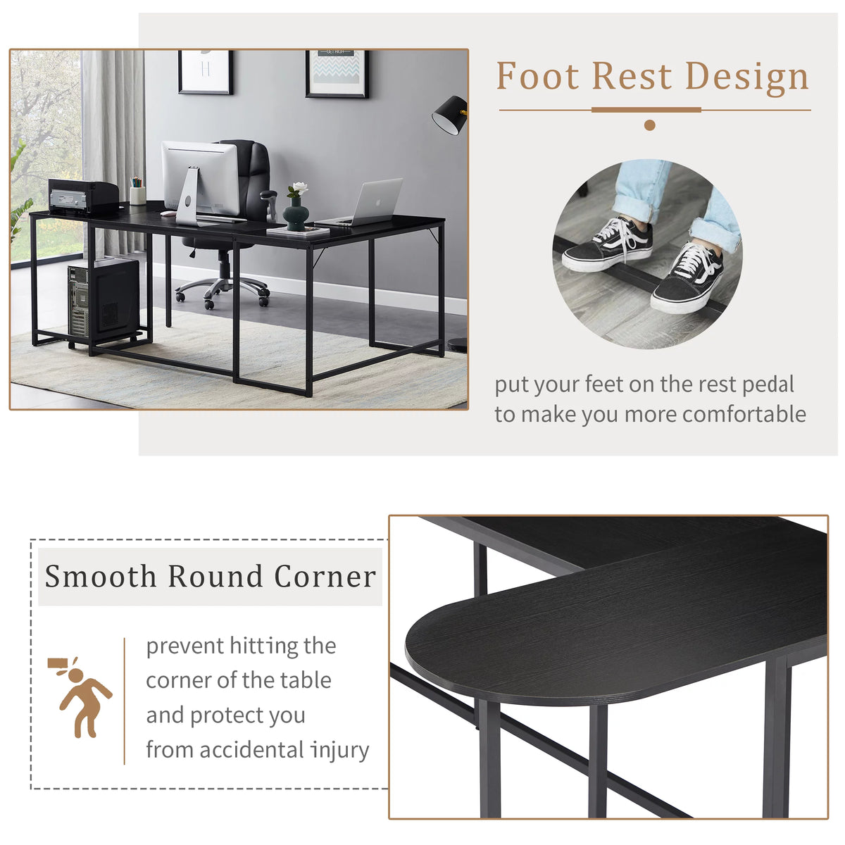Black U-shaped Computer Desk with CPU Stand Q609