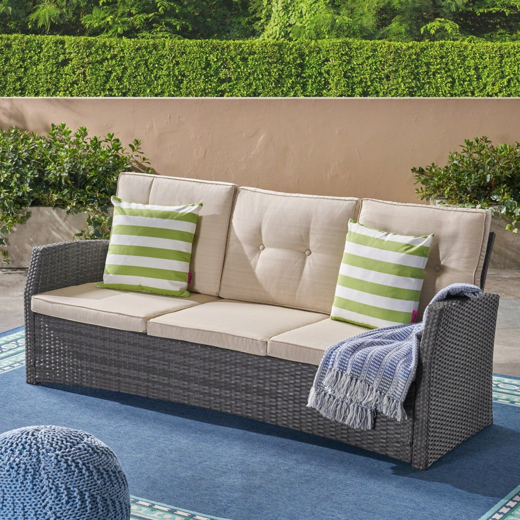 Beige and Dark Brown Outdoor Wicker 3 Seater Sofa with Tufted Cushions Y427