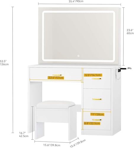 Pearl White Makeup Vanity with Mirror and LED Lights, 4 Drawers E683454