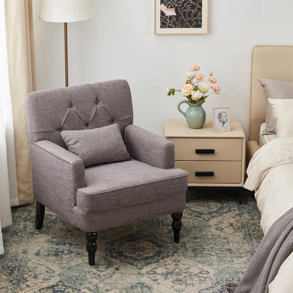 Grey Linen Upholstered Accent Chair with Lumbar Pillow S374