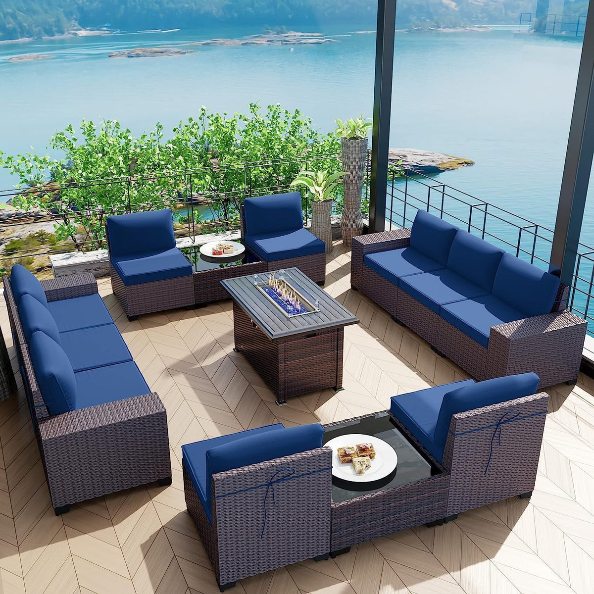 13 Pieces Outdoor Patio Rattan Wicker Furniture Set with Fire Pit Table A73787