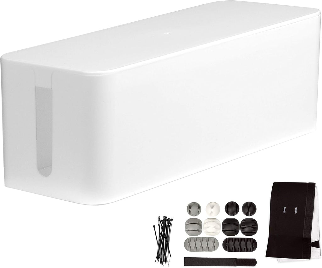 Cable Management Box with Dark Wood Top and White Cord Organizer X386