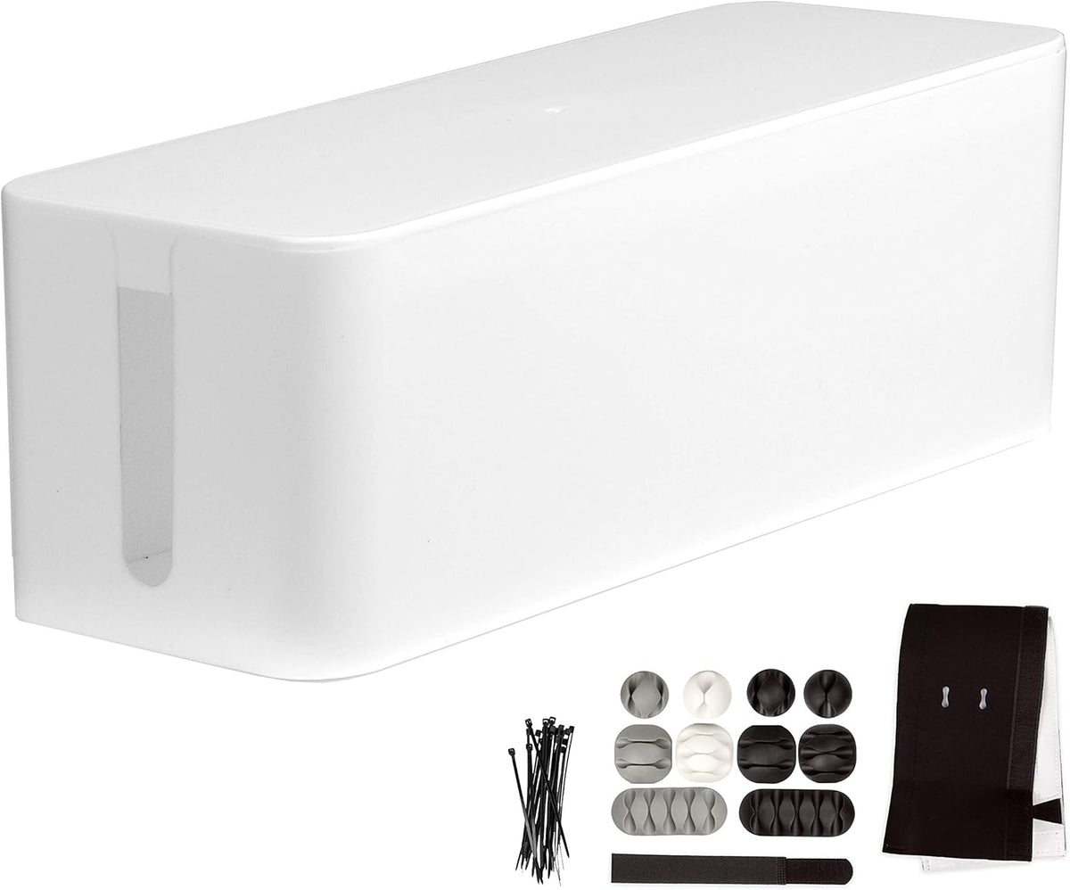 Cable Management Box with Dark Wood Top and White Cord Organizer X386
