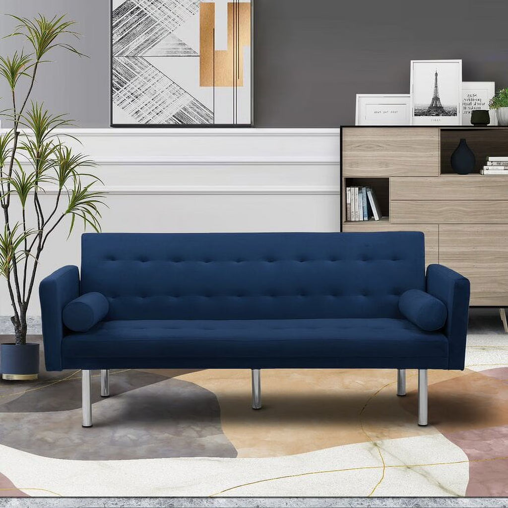 Blue Velvet Tufted Futon Sofa with 2 Pillows I320