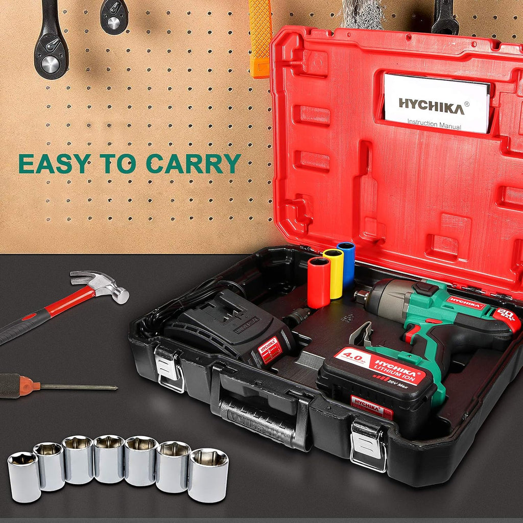 Cordless Impact Wrench 20V Max, 260 Ft-lbs Max Torque, 1/2 Metal Chuck, 4.0 AH Battery, LED Light, 3 Pcs Sockets, Carrying Case H52084