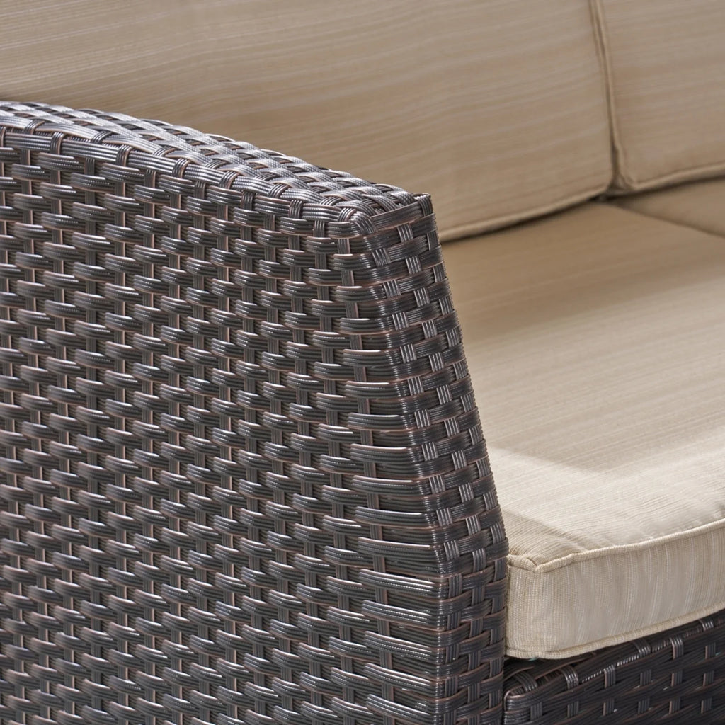 Beige and Dark Brown Outdoor Wicker 3 Seater Sofa with Tufted Cushions Y427