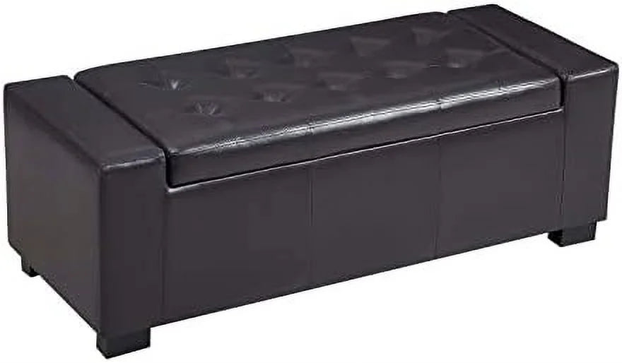 36 Inch Wide Square Lift Top Tufted Faux Leather Ottoman Bench P539035