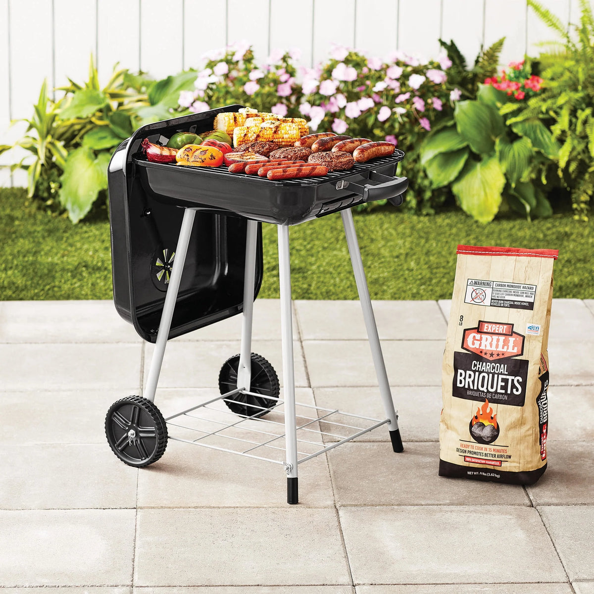 Square Steel Charcoal Grill with Wheels, Black Y478309