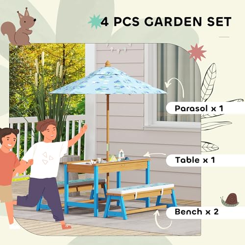 Kids Wooden Picnic Table and Bench Set with Umbrella P60669