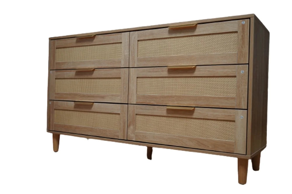 Modern 6 Drawer Rattan Dresser with Gold Handles F4137