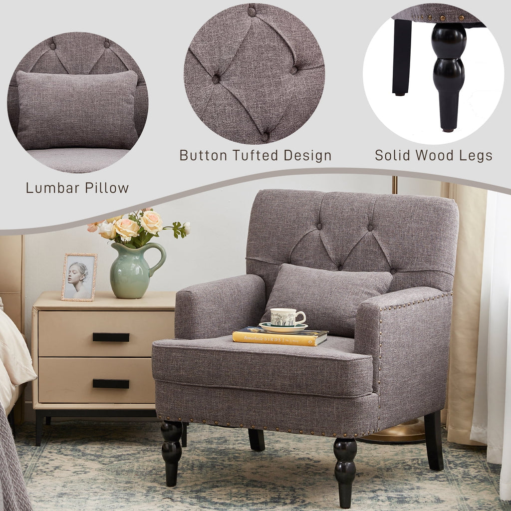 Grey Linen Upholstered Accent Chair with Lumbar Pillow S374