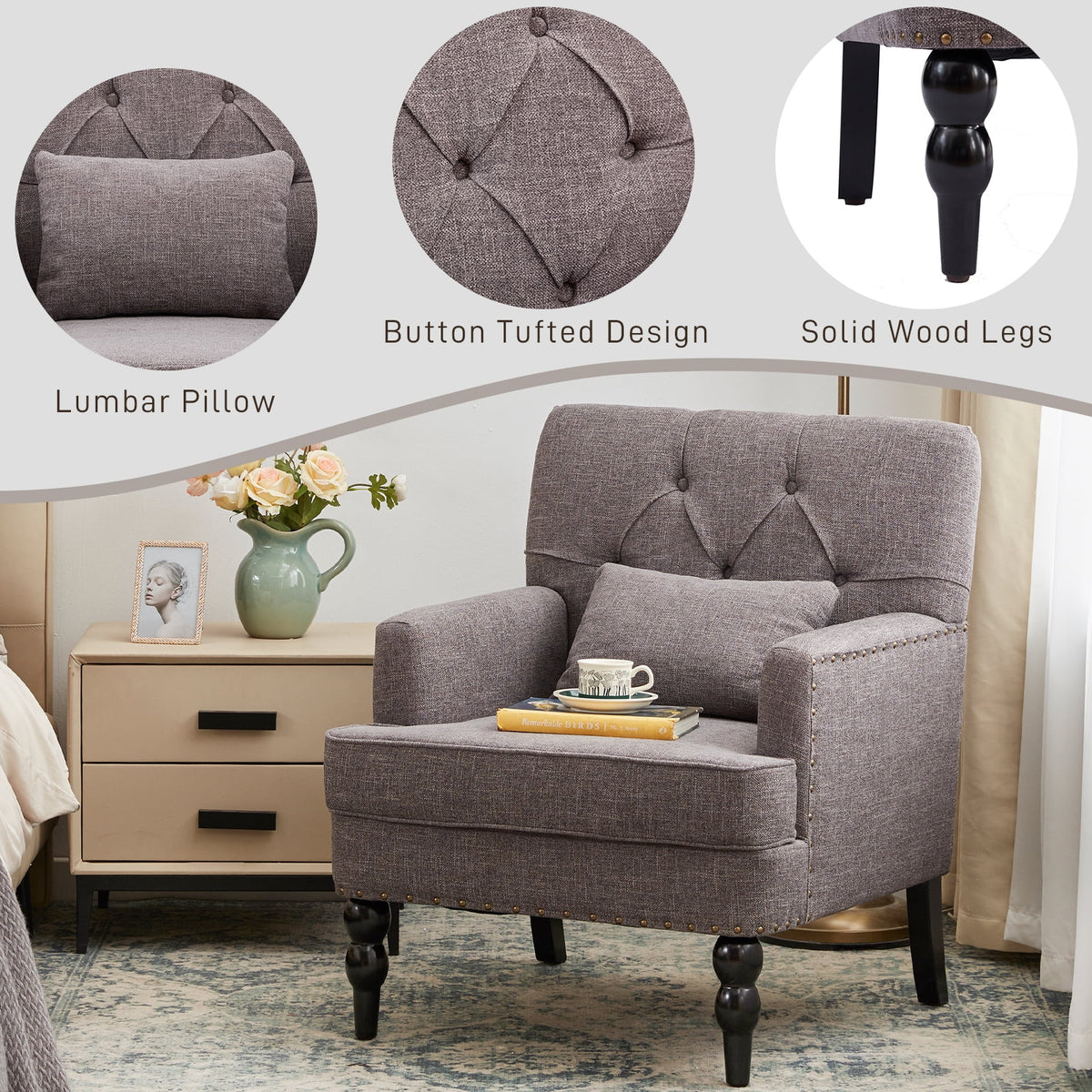 Grey Linen Upholstered Accent Chair with Lumbar Pillow S374