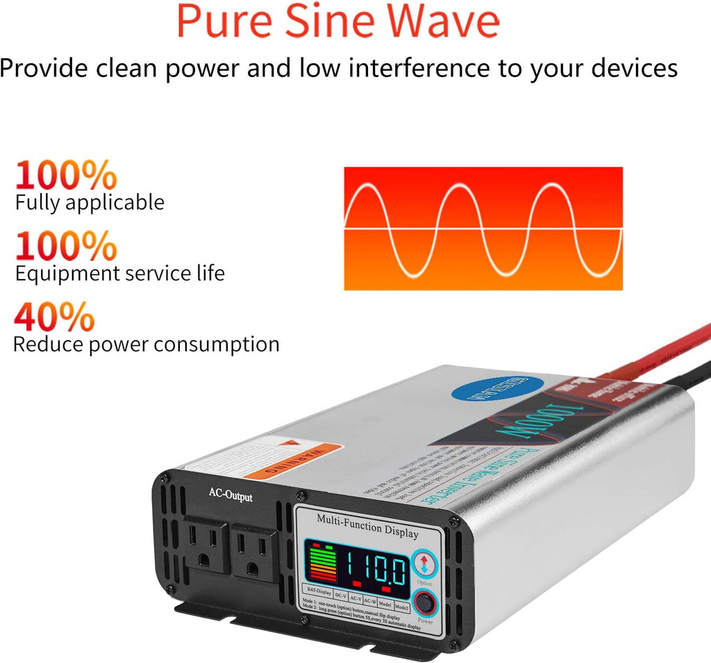 1000W Pure Sine Wave Power Inverter 12V DC to 110V AC with LCD Display 2 AC Outlets L552