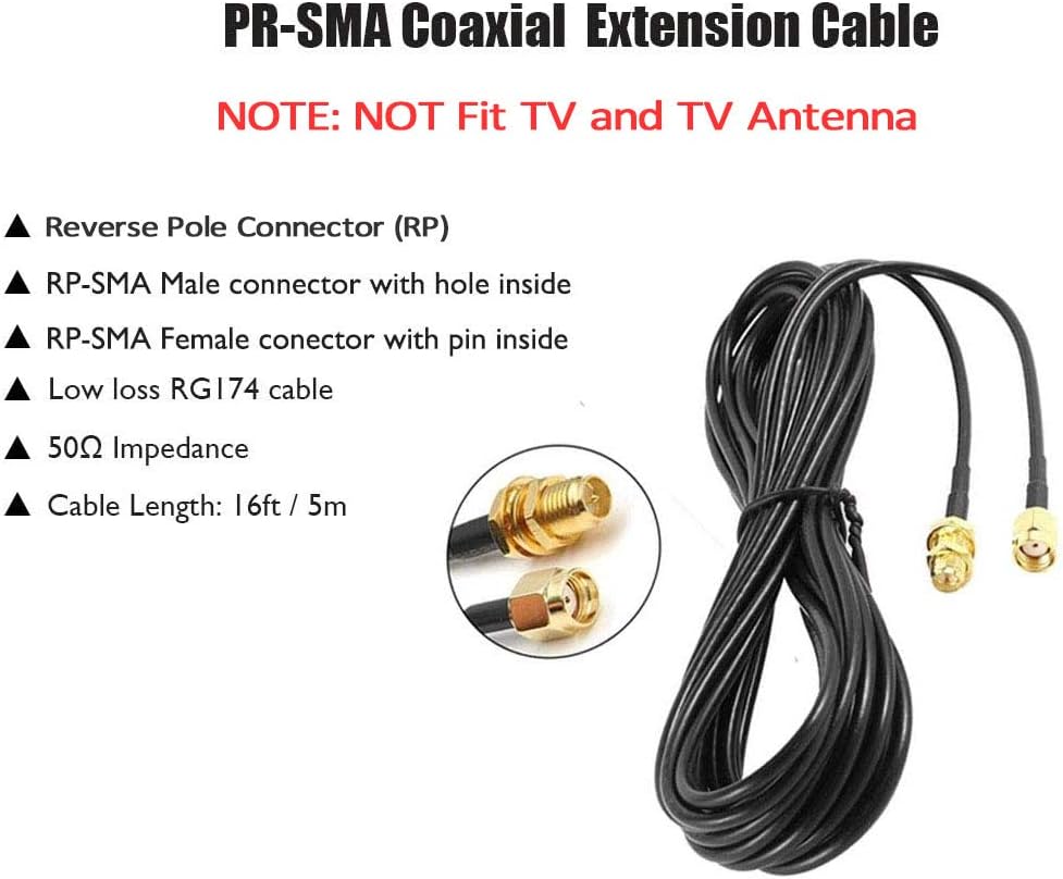 16ft RP-SMA Coaxial Extension Cable Male to Female Connector - 2Pack D4164