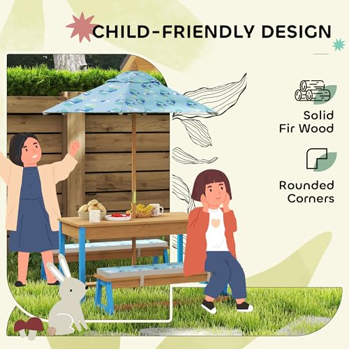 Kids Wooden Picnic Table and Bench Set with Umbrella P60669