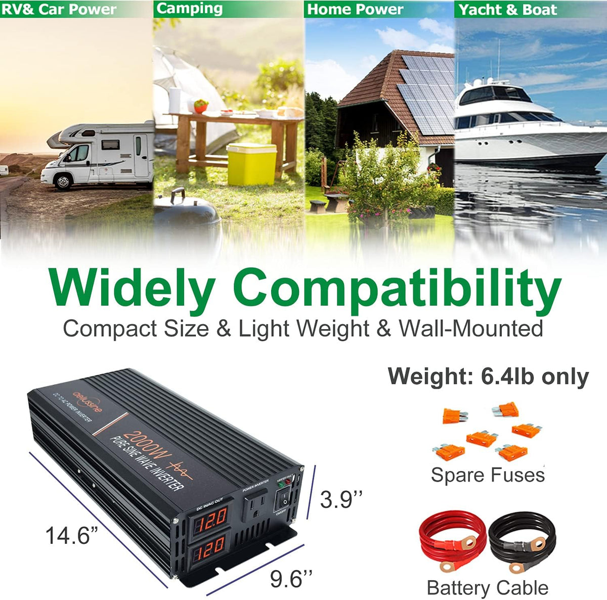 2000W Pure Sine Wave Power Inverter 12V DC to AC 110V 120V Surge 4000 Watt with LED Display Z775
