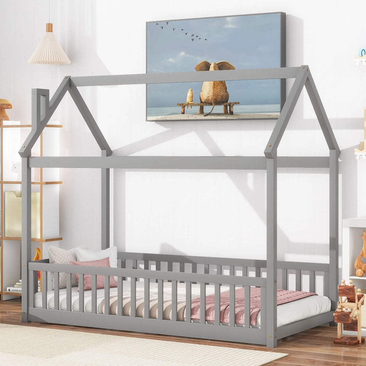 Twin Wood Platform Bed with Guardrails J4778