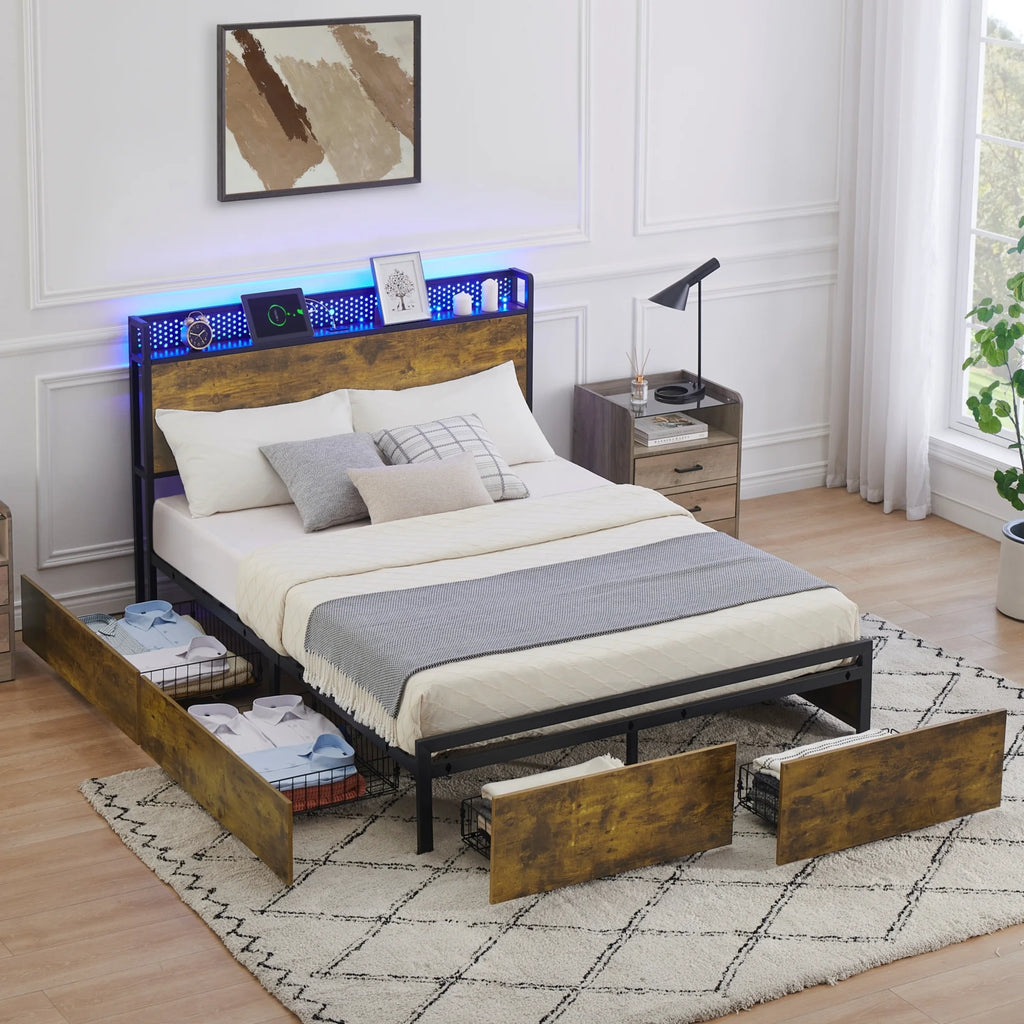 Queen Size Platform Bed Frame with Storage Headboard and 6 Drawers Q158131
