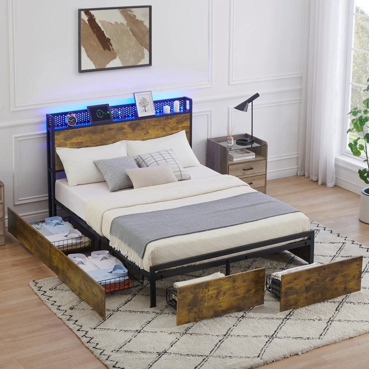 Queen Size Platform Bed Frame with Storage Headboard and 6 Drawers Q158131