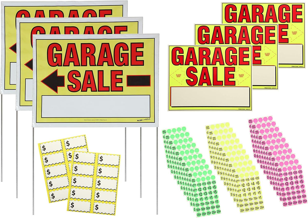Garage Sale Sign Kit with Price Stickers and Pricing Cards A3615