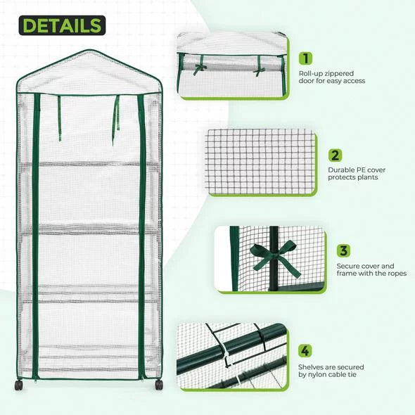 Mini Rolling Greenhouse with Caster Wheels and Shelves U6192