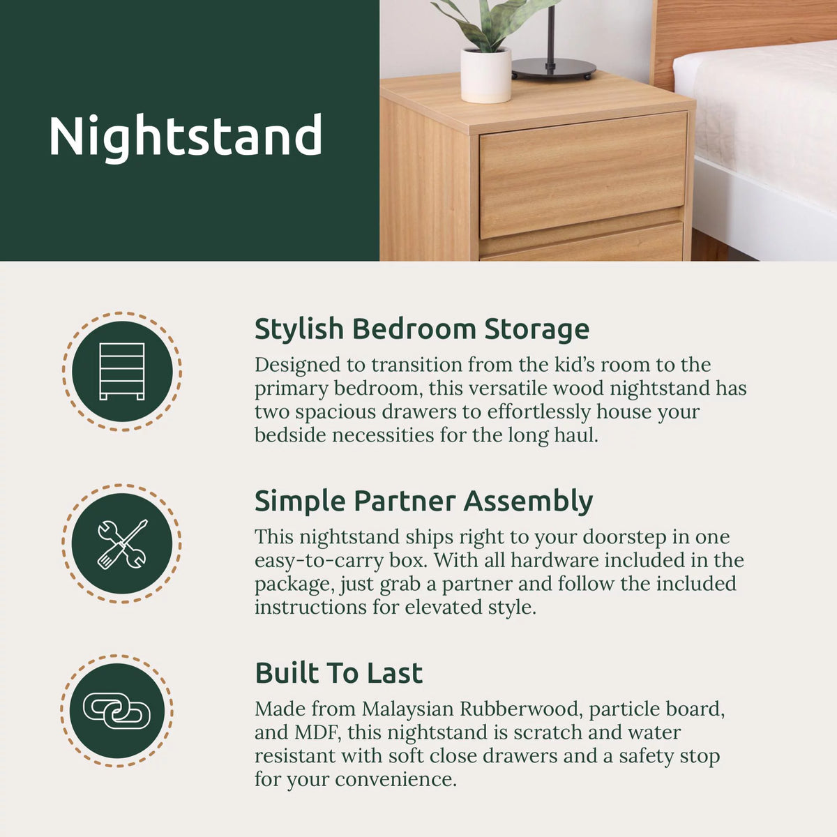 Modern Wood 2-Drawer Nightstand with Square Legs K5291