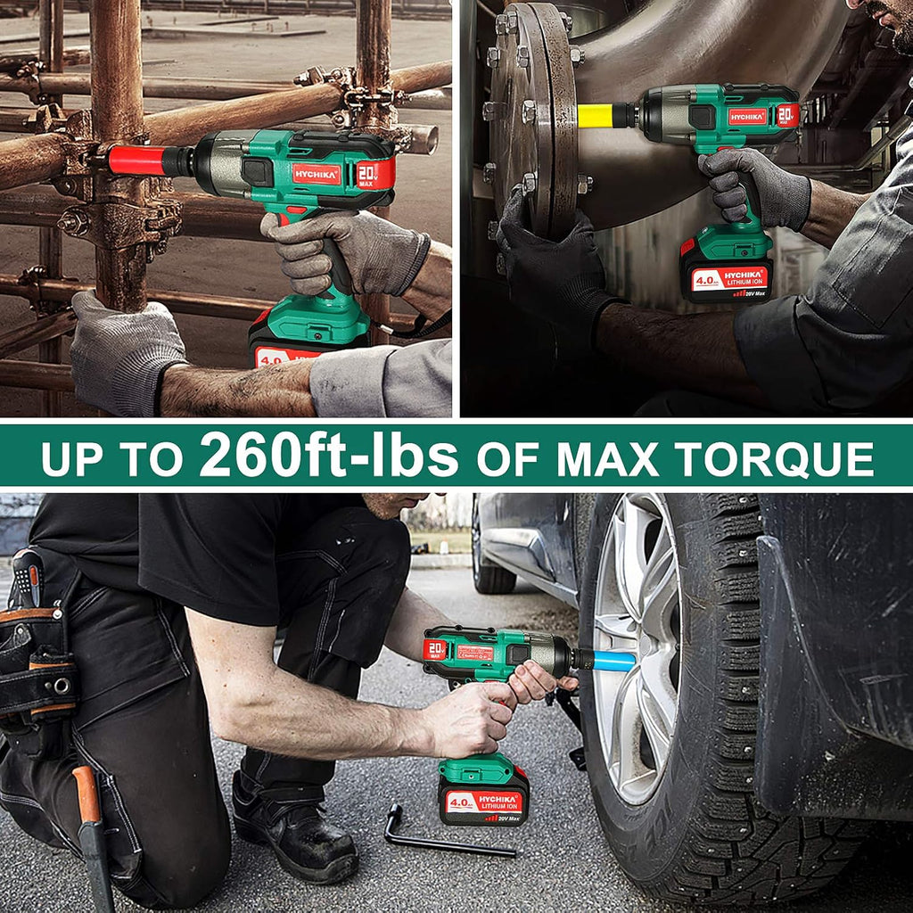 Cordless Impact Wrench 20V Max, 260 Ft-lbs Max Torque, 1/2 Metal Chuck, 4.0 AH Battery, LED Light, 3 Pcs Sockets, Carrying Case H52084