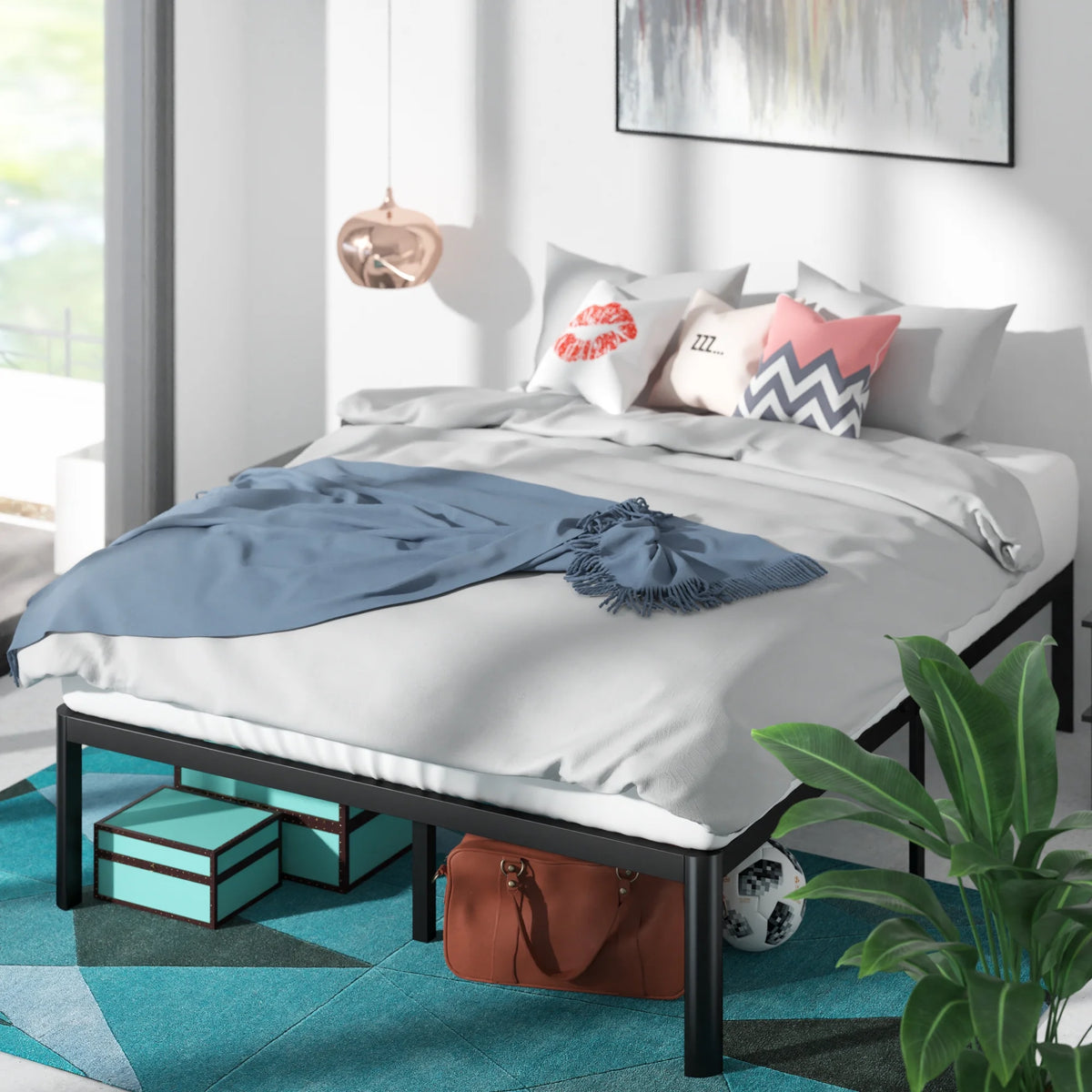 16" Metal Platform Bed Frame with Steel Slats, Twin P513