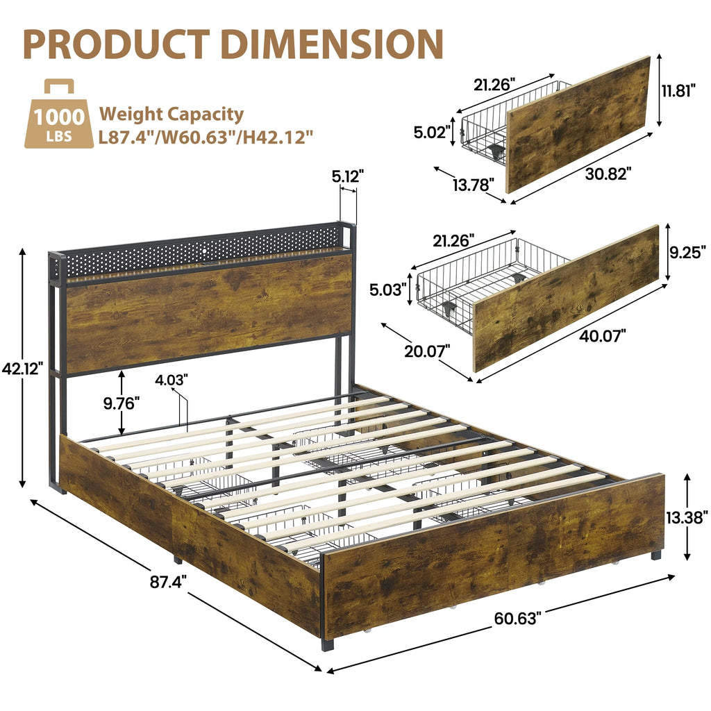 Queen Size Platform Bed Frame with Storage Headboard and 6 Drawers Q158131