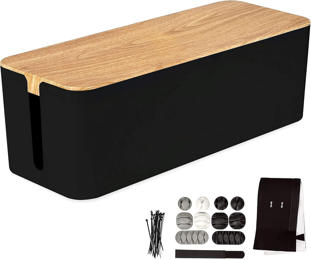 Cable Management Box with Dark Wood Top and White Cord Organizer X386
