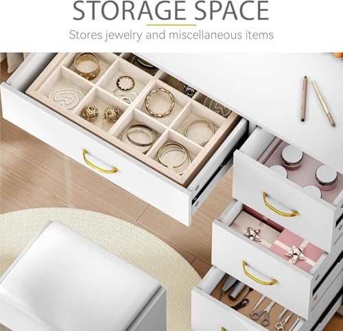 Pearl White Makeup Vanity with Mirror and LED Lights, 4 Drawers E683454