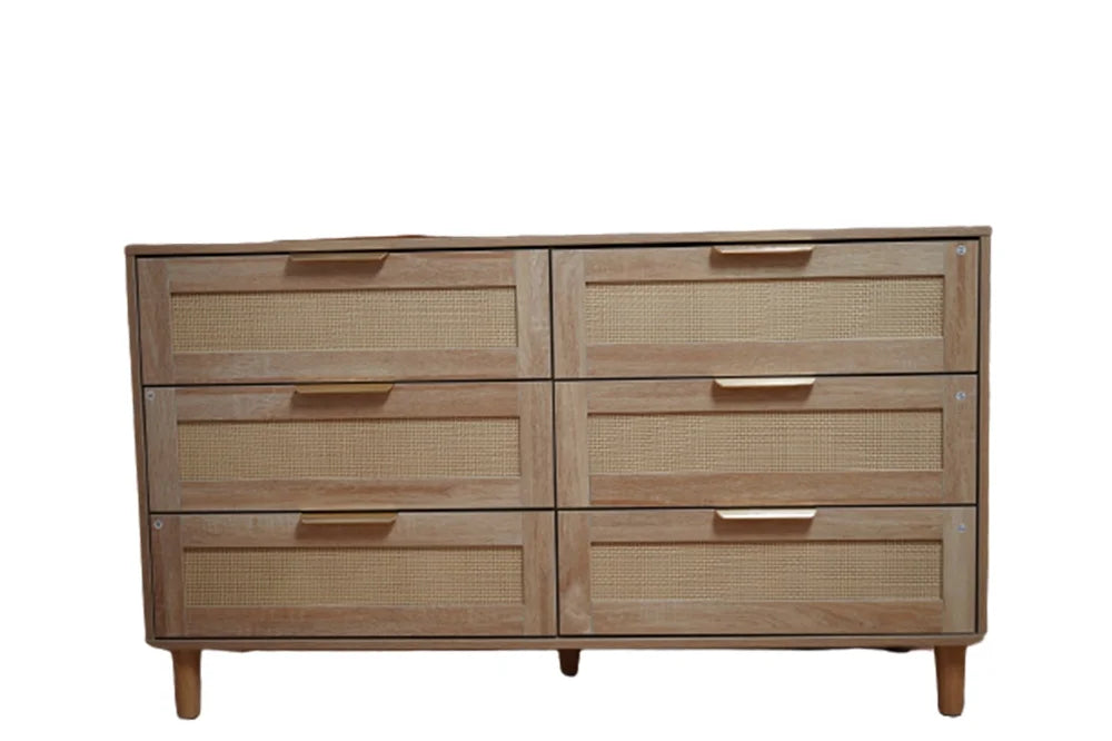 Modern 6 Drawer Rattan Dresser with Gold Handles F4137