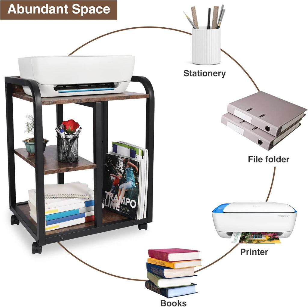 Brown 3 Tier Rolling Printer Cart with Storage M70659