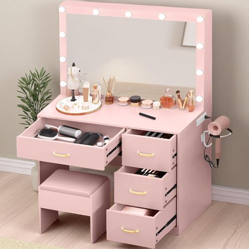 Pearl White Makeup Vanity with Mirror and LED Lights, 4 Drawers E683454