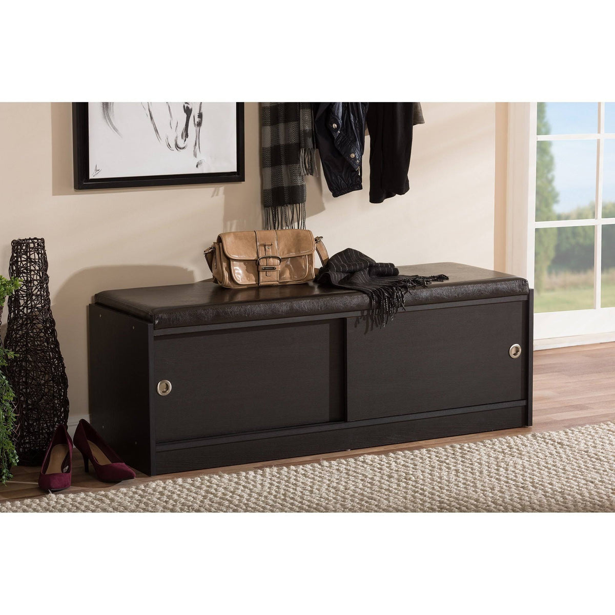Dark Brown Wood Storage Bench Organizer Y7775