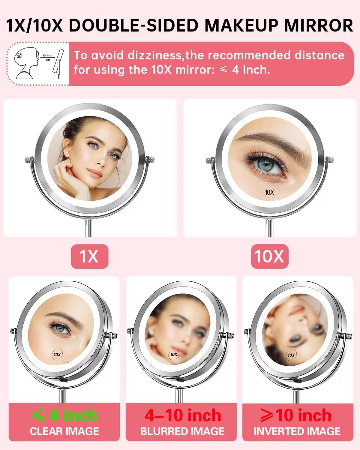 1x/10x Magnifying Lighted Double Sided Round Vanity Mirror 360 Degree Swivel 7 Inch U192
