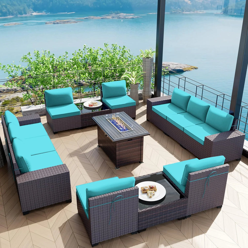 13 Pieces Outdoor Patio Rattan Wicker Furniture Set with Fire Pit Table A73787