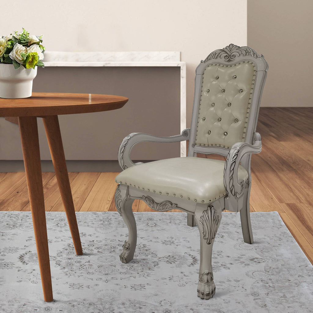 26 Inch Tufted Dining Armchair Set of 2 Faux Leather Bone White A5301