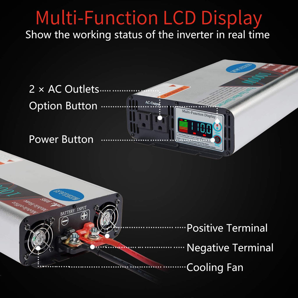 1000W Pure Sine Wave Power Inverter 12V DC to 110V AC with LCD Display 2 AC Outlets L552