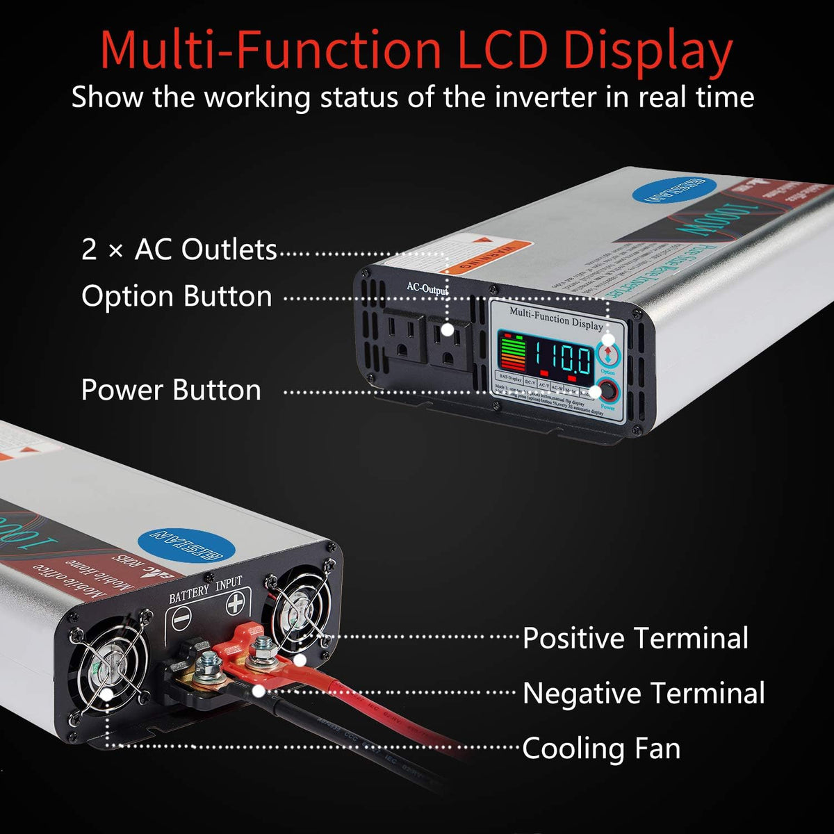 1000W Pure Sine Wave Power Inverter 12V DC to 110V AC with LCD Display 2 AC Outlets L552