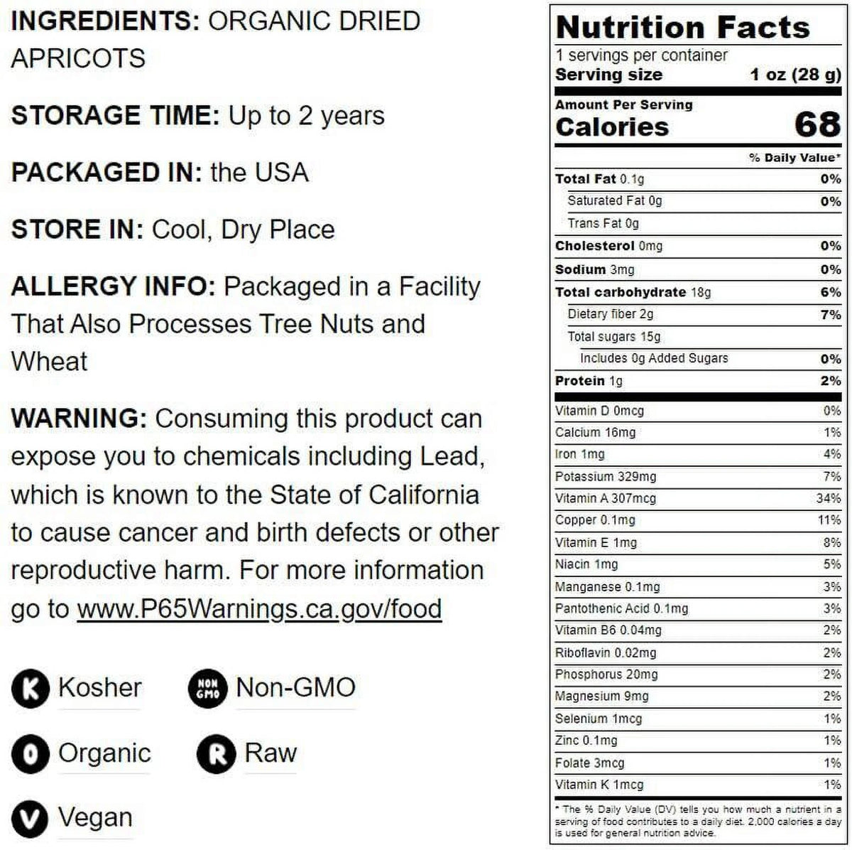 Certified Organic Dried Apricots 2 Pounds K7970