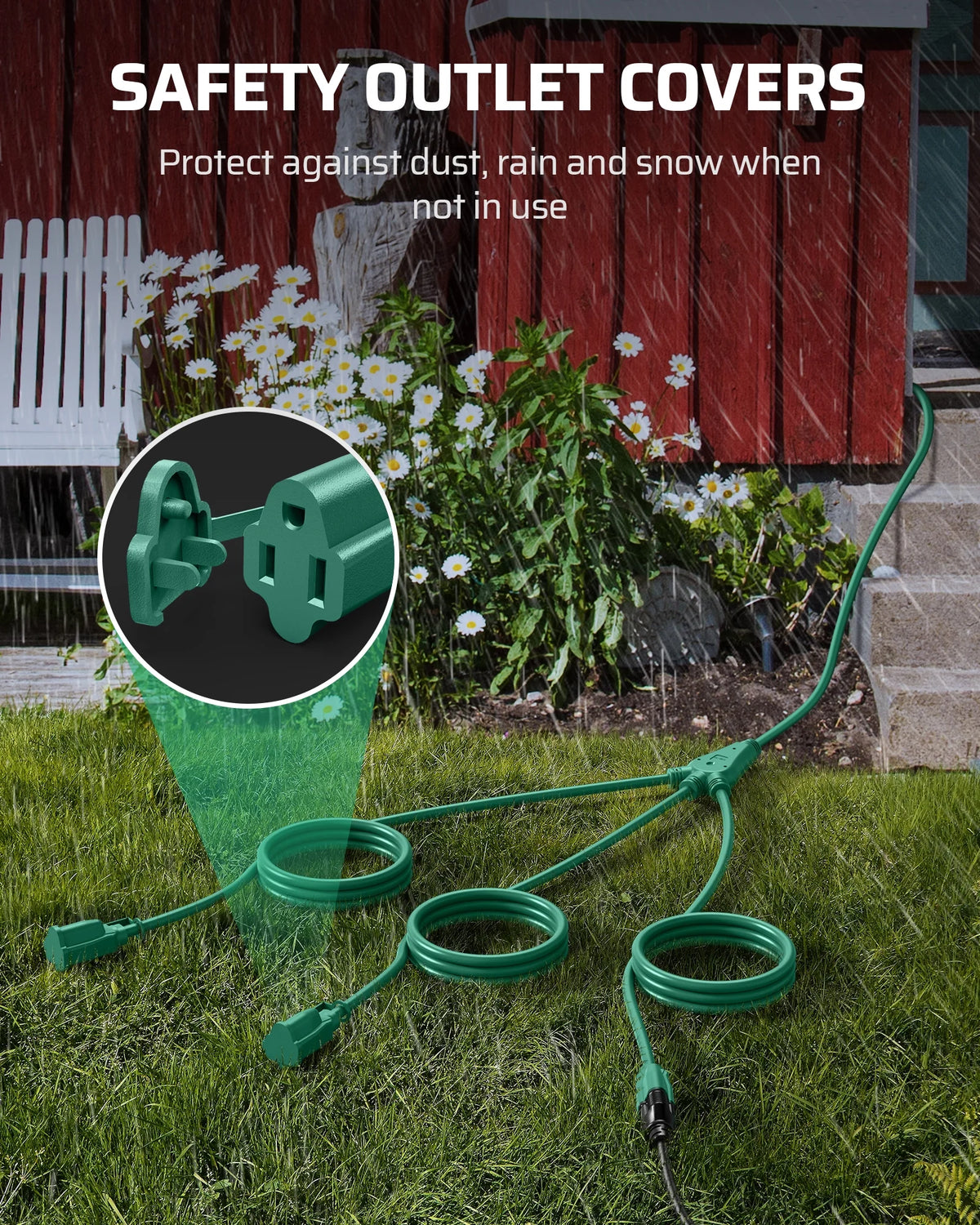 25 FT Outdoor Extension Cord with 3 Outlets, 16 AWG 3 Prong Grounded Green Power Cord K874310