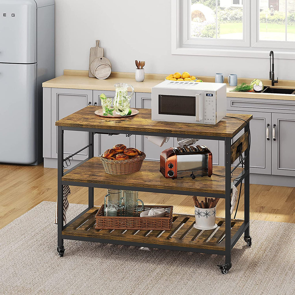Rustic Brown Rolling Kitchen Cart with Power Outlet Y6918
