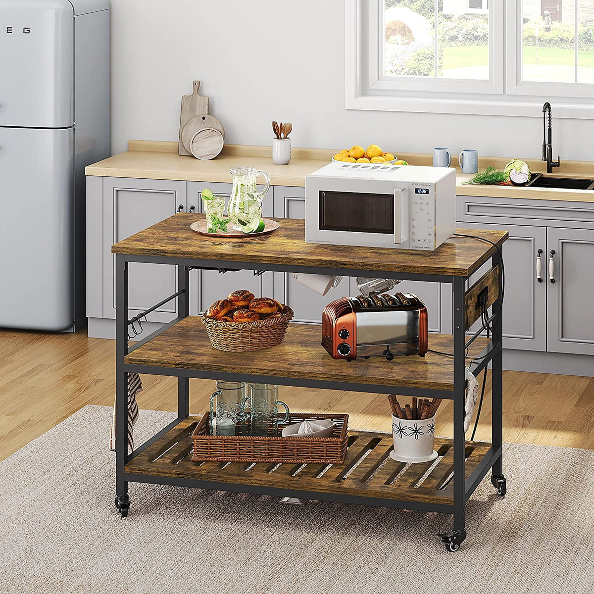 Rustic Brown Rolling Kitchen Cart with Power Outlet Y6918
