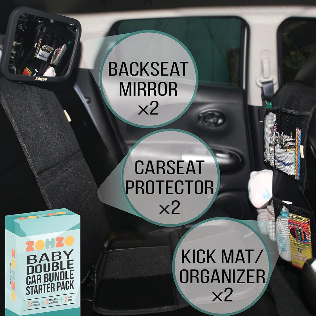 Double Baby Car Bundle - Car Seat Protector Cover, Baby Car Mirror, Kick Mat Organizer J94501