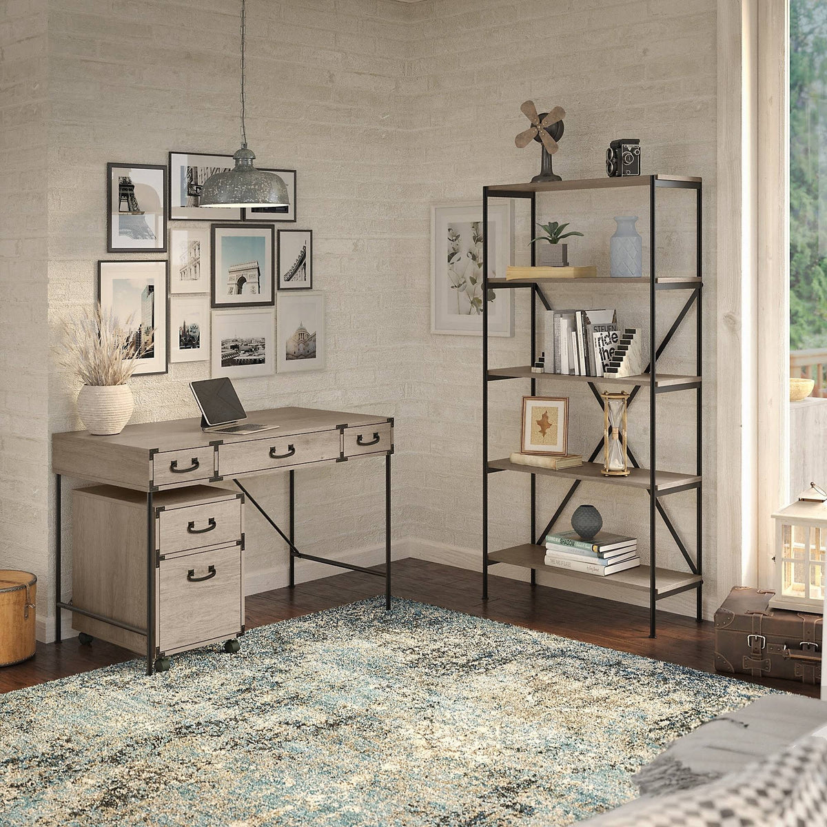 48W Writing Desk with Mobile File Cabinet and 5 Shelf Bookcase, Restored Gray I72849