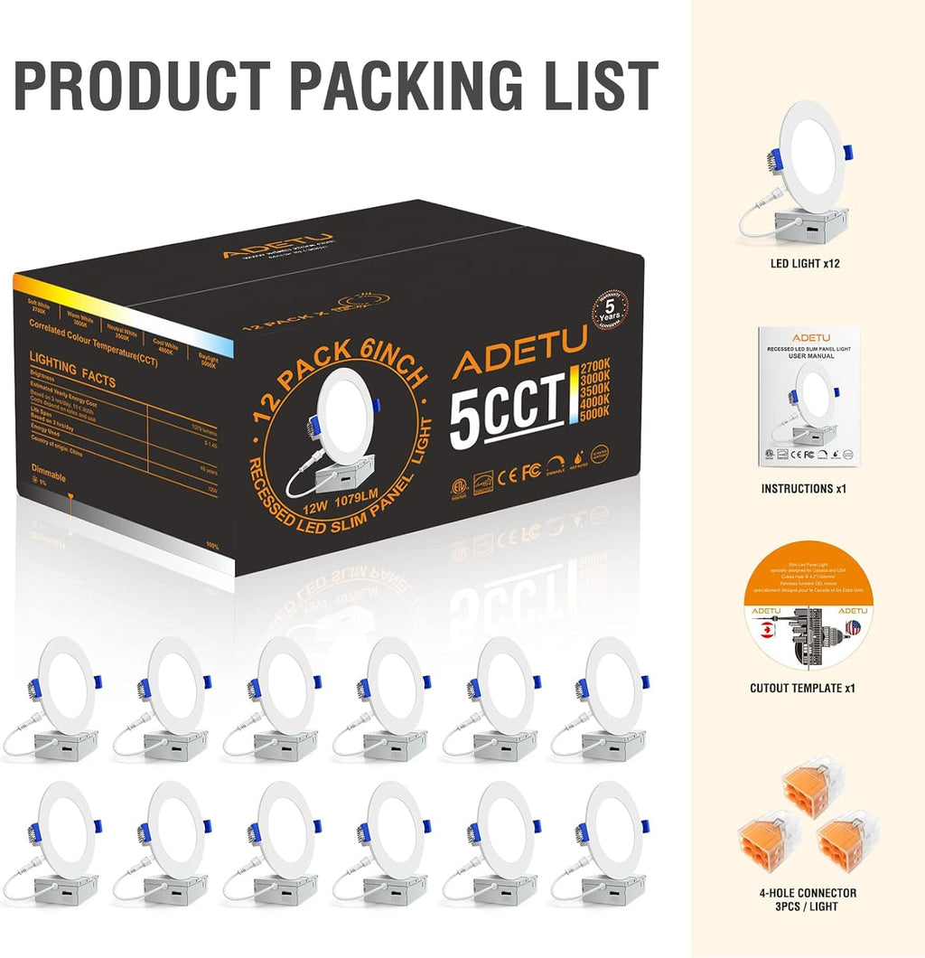 12 Pack 6Inch 5CCT Dimmable LED Recessed Light with Junction Box T8717