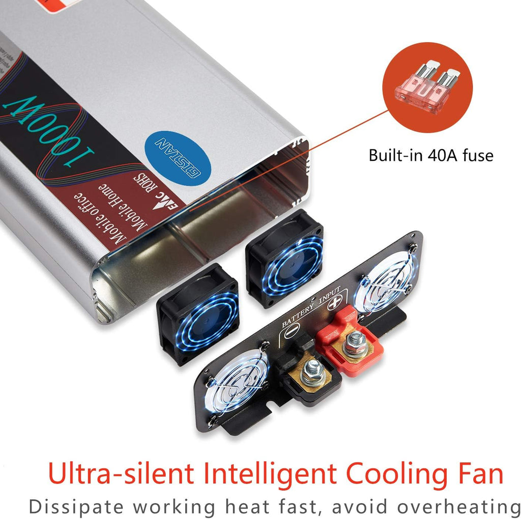 1000W Pure Sine Wave Power Inverter 12V DC to 110V AC with LCD Display 2 AC Outlets L552